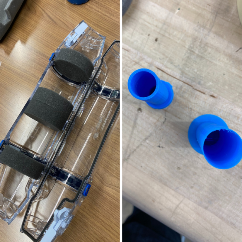 samples of robert stern and team's work in design health lab, plastic tube prototype on left and 3D printed tubes on right