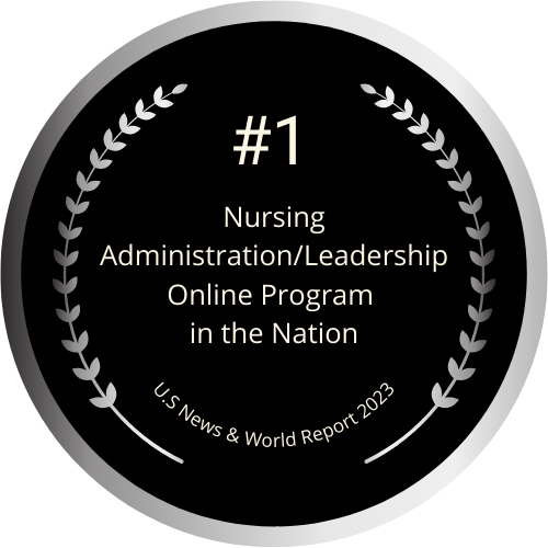 Ranking Badge black and silver for Duke University School of Nursing is number one in nursing administration and leadership online program in the nation.
