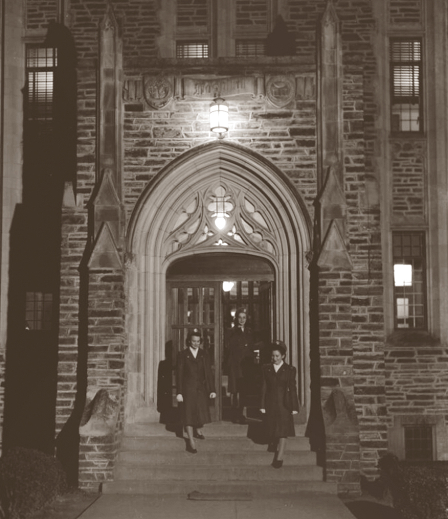 School of Nursing cadet students on front steps of Duke Hospital