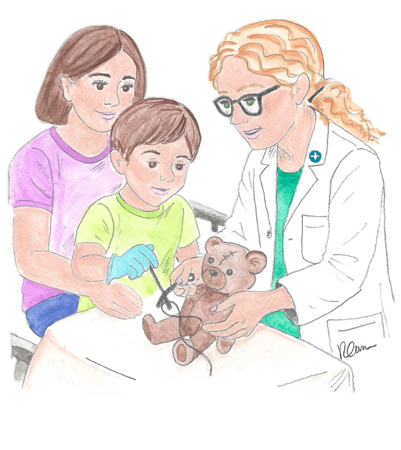 Watercolor illustration of a caregiver demonstrating a laceration repair procedure to a child who sits in his mother's lap