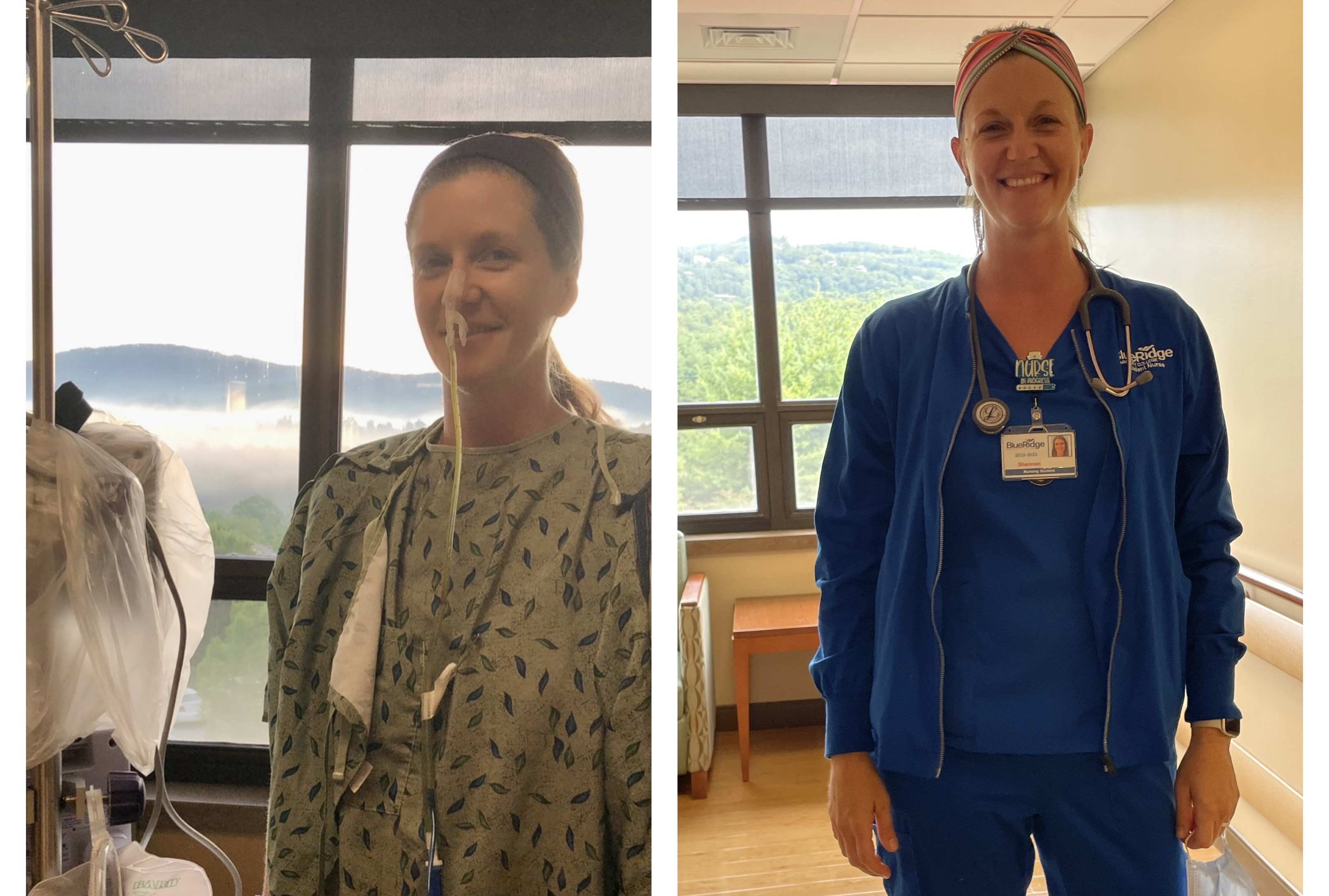 Shannon Allison as a patient and as a nursing student in the same hospital room