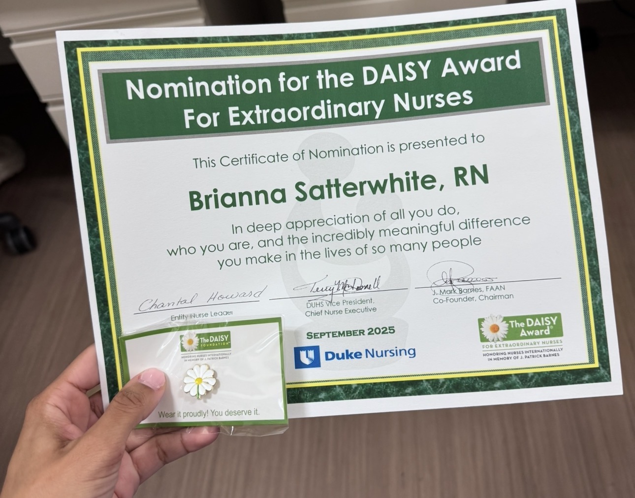 DAISY Award nomination certificate