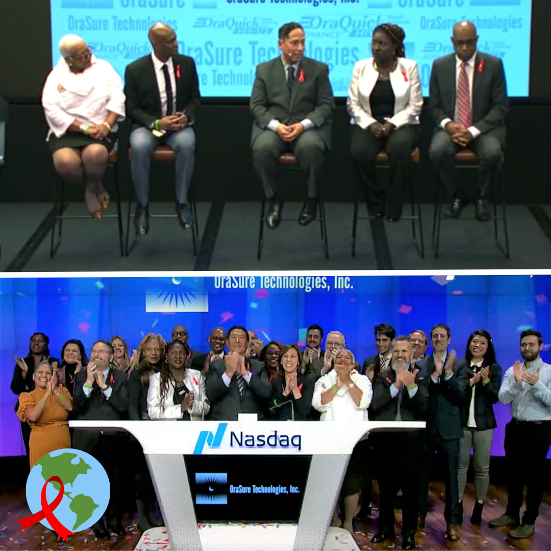 collage of photo of HIV panel discussion and photo of nasdaq bell ringing ceremony