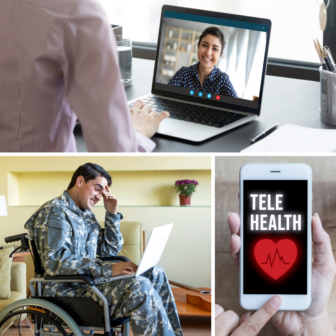 composite of male veteran talking on computer woman on computer telehealth graphic