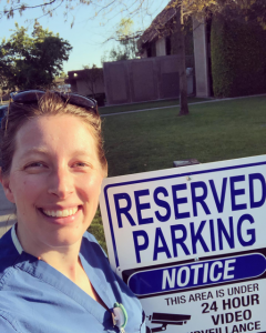 Andrea Van Beek at designated parking place for lab patients