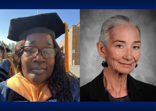 Hope Holmes on left wearing graduation regalia beside faculty headshot of Julee Waldrop