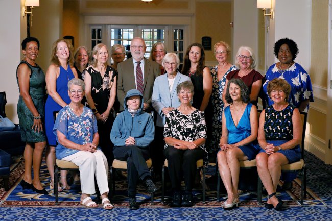 New faculty emeriti and returning faculty emeriti in lobby of Washington Duke Inn