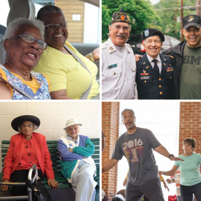 elderly men and women smiling exercising 