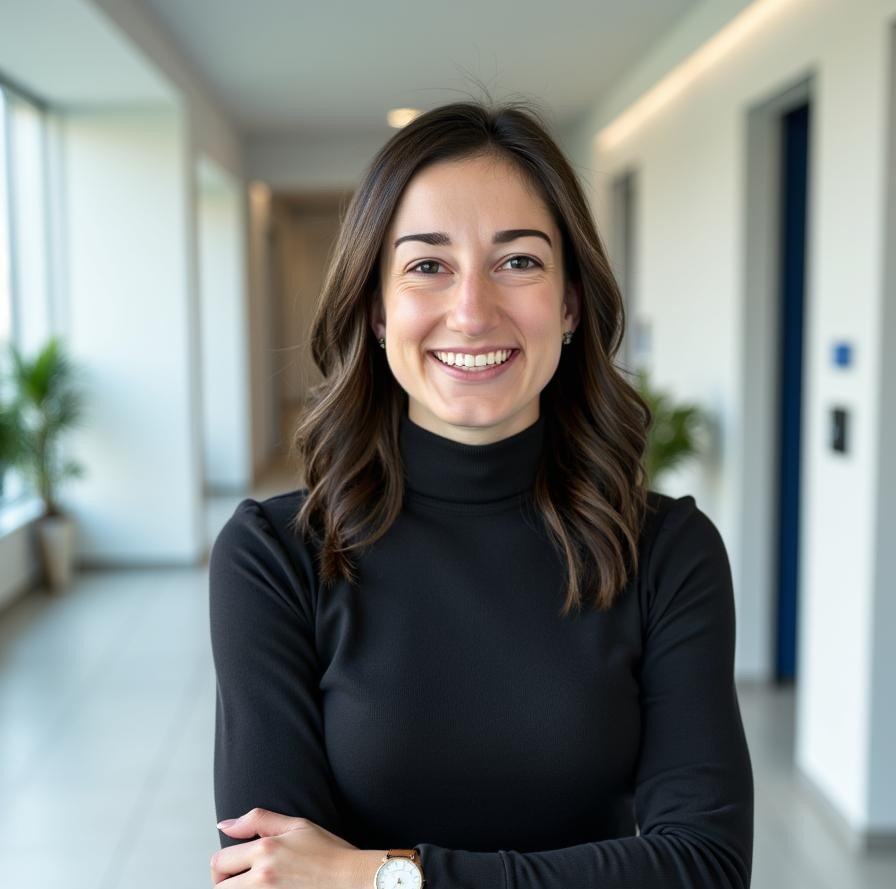 Kimberly Coston wearing a black turtleneck and smiling standing in a brightly lit hallway