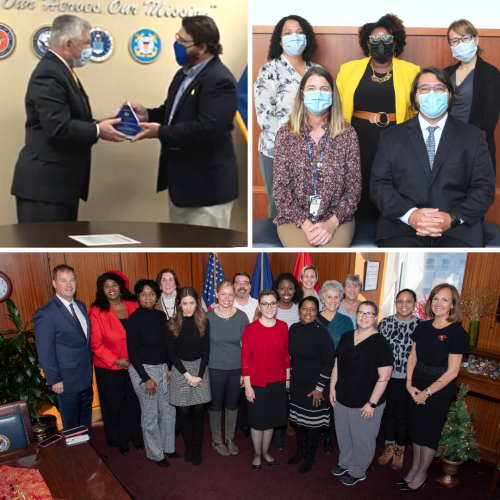 collage of people standing in clusters and one of two men shaking hands