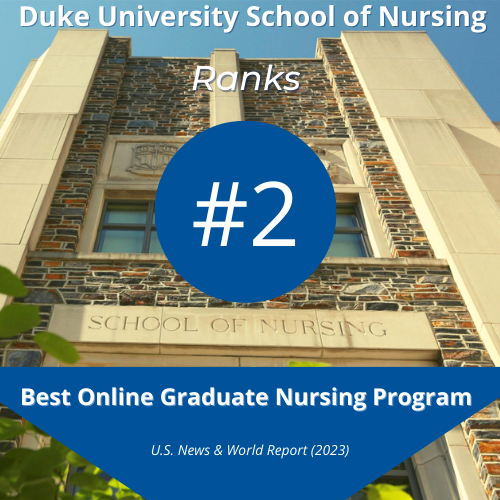 Photo of the front of the Duke School of Nursing with the text Duke University School of Nursing ranks #2 best online graduate nursing program 