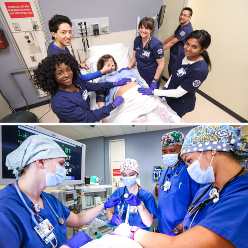 collage of two photos of students engaged in center for nursing discovery